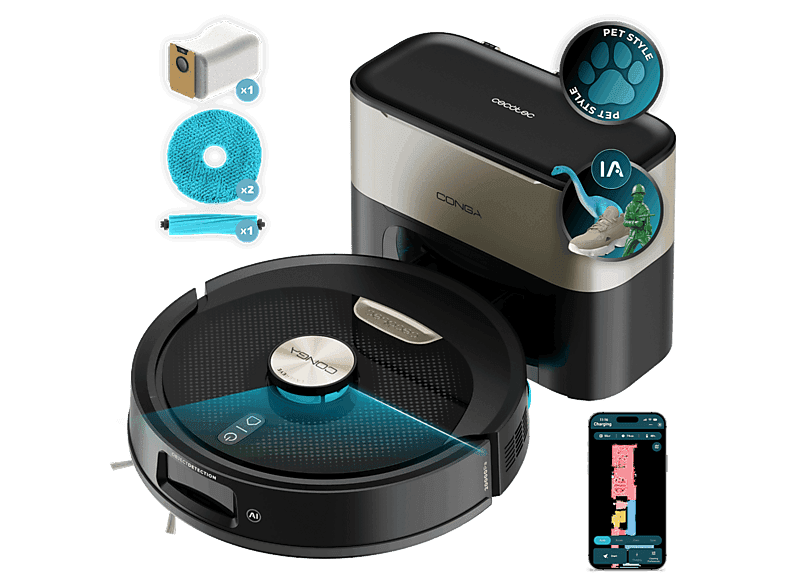 Robot aspirateur - Cecotec Conga Y100 Spin AI, 20000 Pa, 220 m², Navegación láser, Autovaciado, Especial mascotas, Noir