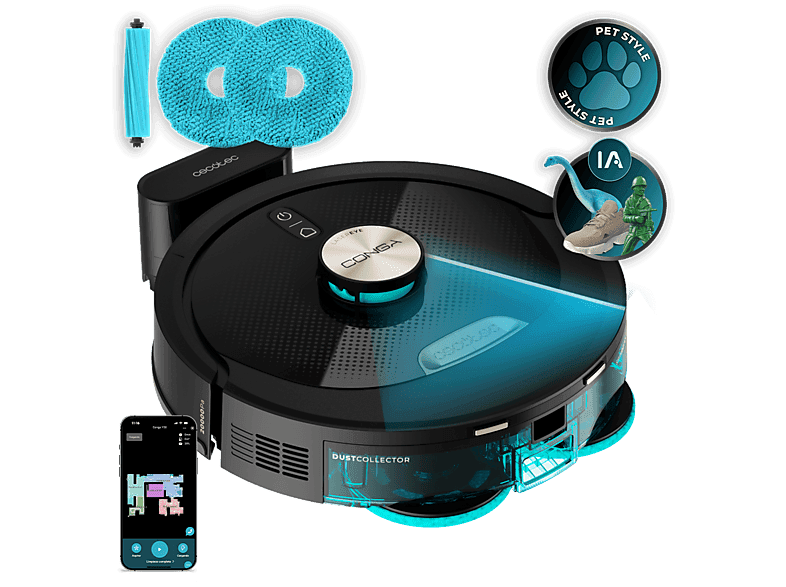 Robot laveur de sols - Cecotec Conga M100 Spin AI, Navegación inteligente IA, Programable, Noir