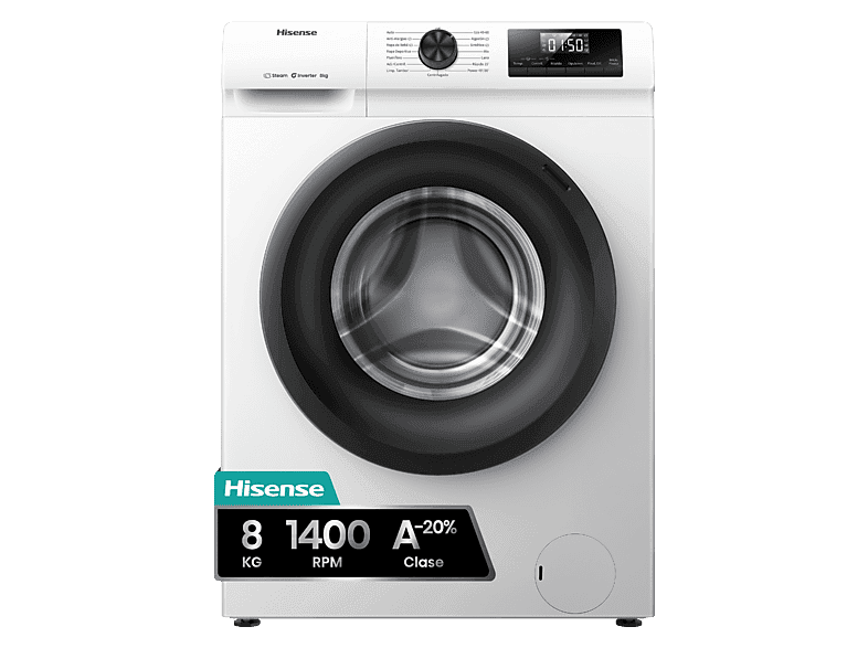 Lave-linge hublot - Hisense WF1Q8041BW, 8 kg, 1400 Rpm, Fonction Vapor, Eficiencia A-20%, Blanc