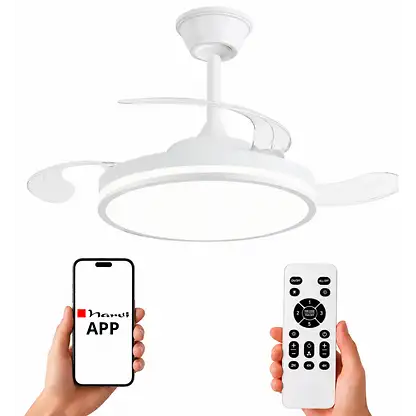 Ventilateur de plafond avec éclairage LED - NARVI MORAIRA WH, 90 V, 6 vitesses, Aspas retráctiles, Blanc